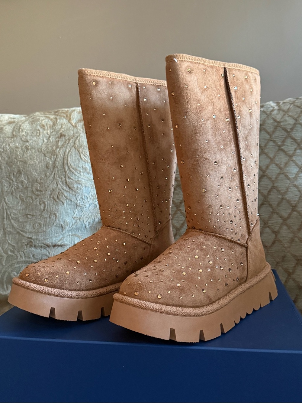 White Mountain Tan Suede Studded Mid-Calf Winter Boots